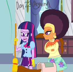 Size: 2000x1970 | Tagged: safe, artist:bigpurplemuppet99, saffron masala, twilight sparkle, equestria girls, 30 day otp challenge, afro, angry, broom, equestria girls-ified, female, gloves, kitchen, lesbian, mess, rubber gloves, shipping, twiffron