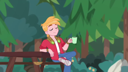 Size: 1280x720 | Tagged: safe, screencap, big macintosh, better together, choose your own ending, equestria girls, wake up!, wake up!: applejack, coffee mug, eeyup, eyes closed, male, mug, outdoors, smiling, solo, table, tree