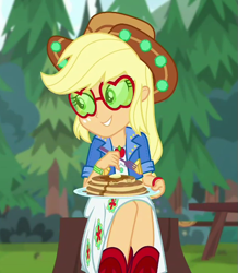 Size: 627x718 | Tagged: safe, screencap, applejack, better together, choose your own ending, equestria girls, wake up!, wake up!: applejack, applejack's festival hat, applejack's sunglasses, clothes, cropped, cute, dress, female, food, fork, hat, jackabetes, legs, pancakes, plate, smiling, solo, sunglasses, syrup, tree, tree stump