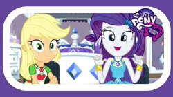 Size: 1280x720 | Tagged: safe, screencap, applejack, rarity, camping must-haves, equestria girls, spoiler:eqg series (season 2), bracelet, duo, geode of shielding, geode of super strength, jewelry, magical geodes, makeup, my little pony logo, rarity's bedroom, youtube thumbnail