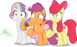 Size: 4541x2769 | Tagged: safe, artist:frownfactory, apple bloom, scootaloo, sweetie belle, earth pony, pegasus, pony, unicorn, growing up is hard to do, .svg available, bow, cutie mark, cutie mark crusaders, eating, female, food, horn, magic, mare, older, older apple bloom, older scootaloo, older sweetie belle, simple background, svg, the cmc's cutie marks, transparent background, vector, wide eyes, wings