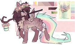 Size: 1982x1178 | Tagged: safe, artist:tenebristayga, oc, pegasus, pony, butt fluff, chest fluff, color palette, ear fluff, female, flower, rainbow tail, solo, stick, unnamed oc, wing fluff