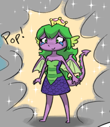 Size: 731x842 | Tagged: safe, artist:tadpoledraws, barb, spike, dragon, human, breasts, cleavage, clothes, cropped, crying, dress, humanized, rule 63, scales, sexy, smiling, spikette, strapless, super crown, tailed humanization, winged spike, wings