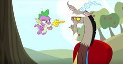 Size: 1237x646 | Tagged: safe, screencap, discord, spike, draconequus, dragon, the big mac question, finger, hand, pointing, smug, winged spike