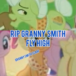 Size: 828x828 | Tagged: safe, derpibooru import, edit, edited screencap, screencap, applejack, fluttershy, granny smith, pinkie pie, earth pony, pegasus, pony, the last problem, mortality blues, rest in peace