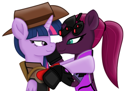 Size: 9695x6952 | Tagged: safe, alternate version, artist:ejlightning007arts, edit, tempest shadow, twilight sparkle, twilight sparkle (alicorn), alicorn, pony, boop, cute, female, hat, lesbian, noseboop, overwatch, ponytail, shipping, simple background, team fortress 2, tempestlight, transparent background, twilight sniper, vector, widowmaker, widowtempest