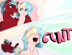 Size: 3000x2289 | Tagged: safe, artist:testostepone, oc, oc:melon frost, oc:teacup cake, pony, clueless, cunt, cute, descriptive noise, ear piercing, horse noises, laughing, piercing, vulgar, whispering