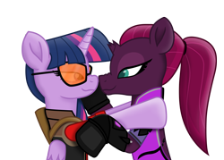 Size: 9695x6952 | Tagged: safe, alternate version, artist:ejlightning007arts, edit, tempest shadow, twilight sparkle, twilight sparkle (alicorn), alicorn, pony, boop, cute, female, lesbian, noseboop, overwatch, ponytail, shipping, simple background, sunglasses, team fortress 2, tempestlight, transparent background, twilight sniper, vector, widowmaker, widowtempest