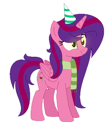 Size: 402x463 | Tagged: safe, artist:darbypop1, oc, oc:alyssa rice, alicorn, pony, alicorn oc, clothes, female, hat, mare, party hat, scarf, simple background, solo, transparent background