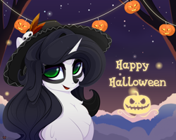 Size: 5000x4000 | Tagged: safe, artist:xsatanielx, oc, oc only, oc:reinina hazard, pony, unicorn, female, halloween, hat, holiday, looking at you, makeup, pumpkin, rcf community