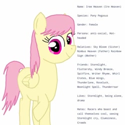 Size: 768x768 | Tagged: safe, artist:crystal wishes, derpibooru exclusive, oc, oc only, oc:iree heaven, pegasus, pony, blank flank, character profile, female, mare