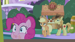 Size: 2880x1616 | Tagged: safe, derpibooru import, screencap, applejack, braeburn, pinkie pie, earth pony, pony, the summer sun setback, cart, cowboy hat, eating, faic, female, hat, male, mare, puffy cheeks, stallion, trio