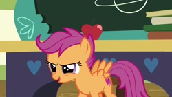 Size: 1920x1080 | Tagged: safe, screencap, scootaloo, pegasus, pony, the last crusade, apple, book, chalkboard, cutie mark, female, filly, food, solo, the cmc's cutie marks