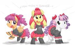 Size: 1500x974 | Tagged: safe, artist:flutterthrash, apple bloom, scootaloo, sweetie belle, earth pony, pegasus, pony, unicorn, adorabloom, babymetal, boots, clothes, cute, cutealoo, cutie mark crusaders, diasweetes, female, filly, pigtails, ponytail, shoes, skirt, skirtaloo, trio