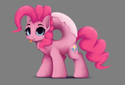 Size: 1246x846 | Tagged: safe, artist:hitbass, derpibooru import, pinkie pie, donut pony, food pony, original species, pony, :p, :t, cheek fluff, chest fluff, cute, diapinkes, donut, donyatsu, ear fluff, female, food, gray background, leg fluff, looking at you, mare, not salmon, ponified, ponk, race swap, simple background, smiling, solo, tongue out, wat