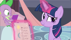 Size: 1366x768 | Tagged: safe, screencap, spike, twilight sparkle, twilight sparkle (alicorn), alicorn, dragon, the summer sun setback, aura, bed, book, levitation, magic, reading, scroll, sitting, smiling, smirk, telekinesis, winged spike