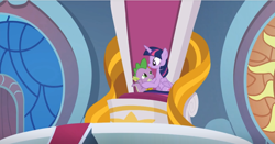 Size: 1234x646 | Tagged: safe, screencap, spike, twilight sparkle, twilight sparkle (alicorn), alicorn, dragon, the ending of the end, hug, leak, mama twilight, sparkle siblings, throne, winged spike