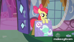 Size: 480x270 | Tagged: safe, edit, edited screencap, screencap, apple bloom, scootaloo, sweetie belle, vera, pony, the show stoppers, animated, bell, carousel boutique, clown hair, crying, cutie mark crusaders, makeagif.com, spa, spa pony