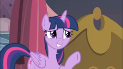 Size: 1366x768 | Tagged: safe, screencap, twilight sparkle, twilight sparkle (alicorn), alicorn, pony, the summer sun setback, bed, nervous grin, solo