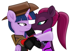 Size: 9695x6952 | Tagged: safe, alternate version, artist:ejlightning007arts, edit, tempest shadow, twilight sparkle, twilight sparkle (alicorn), alicorn, boop, crossover, cute, female, hat, lesbian, noseboop, overwatch, ponytail, shipping, simple background, team fortress 2, tempestlight, transparent background, twilight sniper, vector, widowmaker, widowtempest