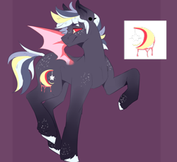 Size: 1024x939 | Tagged: safe, artist:floofyhoof, oc, oc:pop rock, bat pony, pony, bat pony oc, bat wings, ear piercing, freckles, piercing, red eyes, unshorn fetlocks, wings