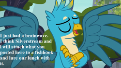 Size: 800x450 | Tagged: safe, edit, edited screencap, screencap, gallus, griffon, school daze, carnivore, crossed arms, cute, eyes closed, gallabetes, griffons doing griffon things, implied silverstream, male, reaction image, solo, speech, spread wings, this is bait, wings