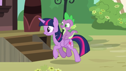 Size: 2400x1350 | Tagged: safe, screencap, spike, twilight sparkle, twilight sparkle (alicorn), alicorn, dragon, pony, ppov, dragons riding ponies, duo, female, mare, riding, trotting