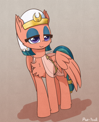 Size: 996x1230 | Tagged: safe, artist:puetsua, somnambula, pegasus, pony, chest fluff, clothes, ear fluff, female, headdress, lidded eyes, mare, smiling, solo, wings