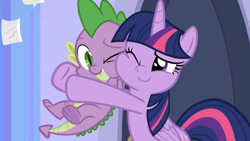 Size: 1920x1080 | Tagged: safe, screencap, spike, twilight sparkle, twilight sparkle (alicorn), alicorn, dragon, the ending of the end, brother and sister, cheek squish, cute, dawwww, female, hug, male, mare, one eye closed, siblings, sparkle siblings, spikelove, squishy cheeks, twiabetes, winged spike, wink