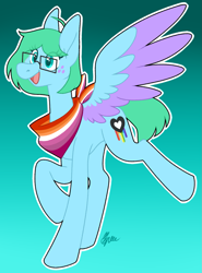 Size: 989x1333 | Tagged: safe, artist:polymercorgi, oc, oc only, oc:cyan pastel, pegasus, pony, blue background, female, glasses, lesbian pride flag, mare, pride, pride flag, simple background, solo