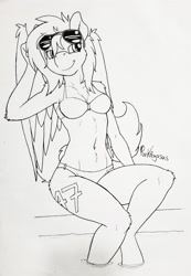 Size: 1960x2832 | Tagged: safe, artist:punk-pegasus, oc, oc:naveen numbers, anthro, pegasus, bikini, clothes, female, monochrome, solo, sunglasses, swimming pool, swimsuit, traditional art