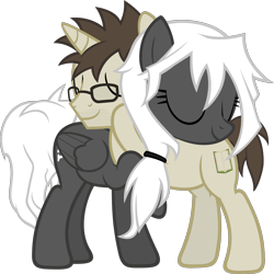 Size: 2056x2052 | Tagged: safe, artist:zacatron94, oc, oc only, oc:blank novel, oc:captain white, pegasus, pony, eyes closed, female, glasses, hug, male, mare, raised hoof, simple background, stallion, transparent background, vector, whitenovel