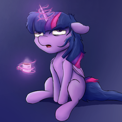 Size: 5000x5000 | Tagged: safe, artist:rainyvisualz, twilight sparkle, twilight sparkle (alicorn), alicorn, pony, bloodshot eyes, coffee, glowing horn, horn, levitation, looking up, magic, mug, sitting, sleepy, solo, telekinesis, tired, twilight is not amused, unamused