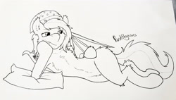 Size: 3438x1949 | Tagged: safe, artist:punk-pegasus, oc, oc only, oc:torpid astrum, bat pony, semi-anthro, hat, monochrome, nightcap, pillow, solo, traditional art