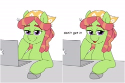 Size: 4096x2730 | Tagged: safe, artist:littlebibbo, derpibooru exclusive, tree hugger, earth pony, pony, computer, computer mouse, confused, desk, looking at you, shitposting, simple background, sitting, smiling