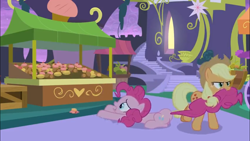 Size: 1366x768 | Tagged: safe, derpibooru import, screencap, applejack, pinkie pie, earth pony, pony, the summer sun setback, crate, cupcake, dessert, dragging, food, food stand, heart, mouth hold, pulling, stairs, unamused, vendor stall