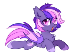 Size: 2300x1700 | Tagged: safe, artist:mirtash, oc, oc only, oc:midnight mist, bat pony, pony, bat pony oc, chest fluff, fangs, female, mare, open mouth, prone, rcf community, simple background, smiling, solo, starry eyes, white background, wingding eyes