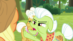 Size: 1920x1080 | Tagged: safe, derpibooru import, screencap, applejack, goldie delicious, granny smith, earth pony, pony, going to seed, apple, apple tree, tree