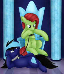 Size: 1024x1175 | Tagged: safe, artist:sevenserenity, oc, oc only, oc:cobalt strike, oc:sodapop, earth pony, pegasus, pony, birb, castle, collar, crystal, draw me like one of your french girls, leash, master, on side, pet, pet play, pet tag, pillar, sitting, slave, throne, ych result