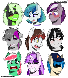 Size: 4093x4685 | Tagged: safe, artist:jcosneverexisted, oc, oc only, oc:ashley skys, oc:creative flair, oc:delta, oc:menthol autumn, oc:moonshot, oc:ocelot, oc:pepper, oc:serenity, oc:shooting spark, bat pony, pony, blushing, crying, female, floppy ears, male, mare, simple background, stallion, sunglasses, transparent background