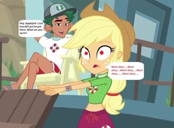 Size: 914x673 | Tagged: safe, edit, edited screencap, editor:thomasfan45, screencap, applejack, timber spruce, better together, equestria girls, turf war, 1000 hours in ms paint, applejack's hat, beach, beach chair, bracelet, cap, cowboy hat, cropped, feet, hat, hypno eyes, jewelry, lifeguard, lifeguard applejack, lifeguard shack, lifeguard timber, male, male feet, mantra, mind control, obedience, sandals, solo, speech bubble, story included, tech control