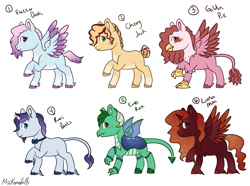 Size: 2051x1524 | Tagged: safe, artist:misskanabelle, oc, oc only, alicorn, changepony, classical hippogriff, earth pony, hippogriff, hybrid, pegasus, pony, blank flank, bowtie, interspecies offspring, magical lesbian spawn, offspring, parent:applejack, parent:big macintosh, parent:cherry jubilee, parent:fancypants, parent:fluttershy, parent:gilda, parent:pinkie pie, parent:princess ember, parent:princess luna, parent:rainbow dash, parent:rarity, parent:thorax, parents:cherryjack, parents:embrax, parents:flutterdash, parents:gildapie, parents:lunamac, parents:raripants, raised hoof