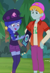 Size: 447x650 | Tagged: safe, screencap, space camp (character), better together, choose your own ending, equestria girls, the road less scheduled, the road less scheduled: microchips, backwards ballcap, baseball cap, cap, clothes, cropped, female, fry lilac, hat, male, not luna, shorts, smiling