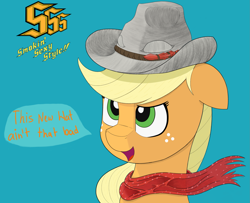 Size: 2205x1790 | Tagged: safe, artist:blastjango, derpibooru import, applejack, earth pony, pony, bandana, cowboy hat, crossover, devil may cry, female, hat, simple background, solo, stetson