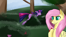 Size: 1920x1080 | Tagged: safe, artist:renarde-louve, derpibooru import, fluttershy, twilight sparkle, unicorn twilight, butterfly, ladybug, pegasus, pony, unicorn, atg 2019, newbie artist training grounds, tree, twilight hates ladybugs