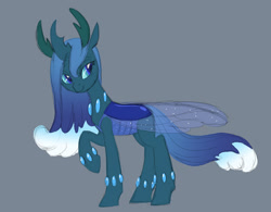 Size: 1155x901 | Tagged: safe, artist:carnifex, oc, oc only, oc:myxine, changedling, changeling, changeling queen, changedling oc, changeling oc, changeling queen oc, female, gray background, raised hoof, sideways glance, simple background, solo, story included