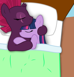 Size: 8151x8438 | Tagged: safe, alternate version, artist:ejlightning007arts, fizzlepop berrytwist, tempest shadow, twilight sparkle, pony, unicorn, bed, broken horn, cute, eye scar, female, horn, lesbian, scar, shipping, sleeping, snuggling, tempestlight