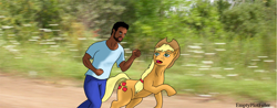 Size: 1200x468 | Tagged: safe, artist:emptyplotfiller, derpibooru import, applejack, earth pony, human, pony, dark skin, faic, jogging, running