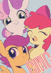 Size: 1378x1971 | Tagged: safe, artist:setoya, artist:setoya0102, apple bloom, scootaloo, sweetie belle, earth pony, pegasus, pony, unicorn, bow, cute, cutie mark crusaders, eyes closed, female, filly, gray background, hair bow, looking at you, open mouth, pixiv, simple background, trio