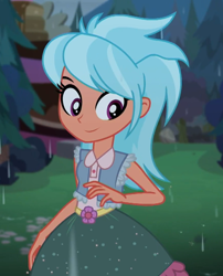 Size: 872x1080 | Tagged: safe, screencap, frosty orange, better together, equestria girls, let it rain, background human, clothes, cropped, cute, dress, female, looking at you, outdoors, rain, smiling